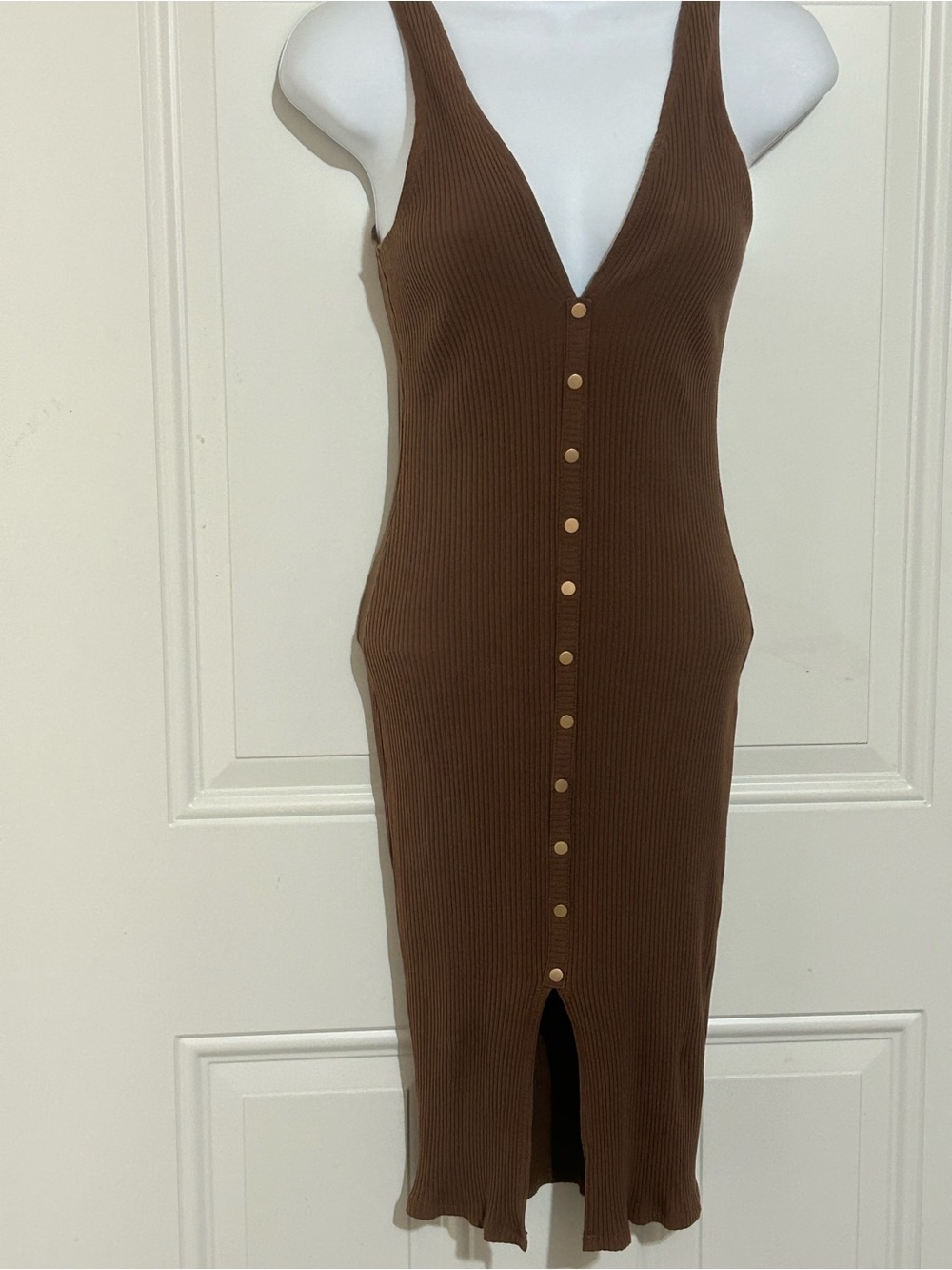 Sleeveless Brown Ribbed Button-Front Mini Dress